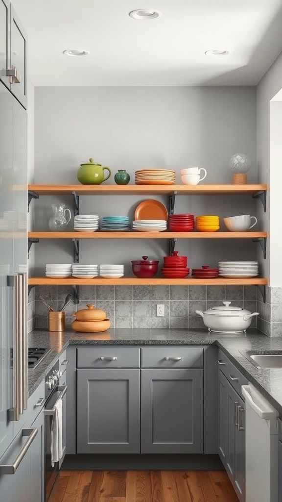 A grey kitchen with open shelving displaying colorful dishes and cookware.