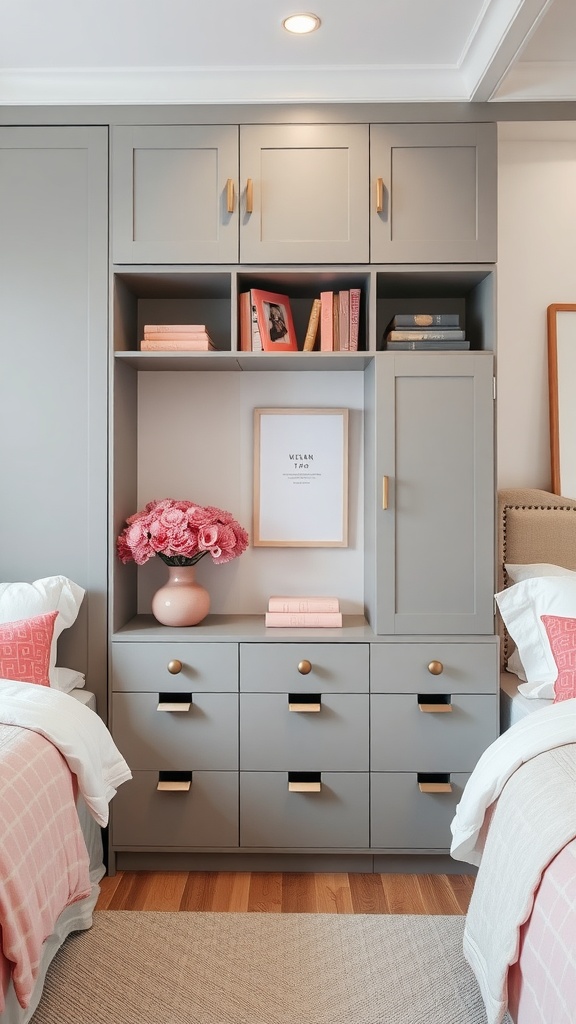 A modern bedroom featuring grey cabinetry with pink decorative elements, showcasing stylish storage solutions.
