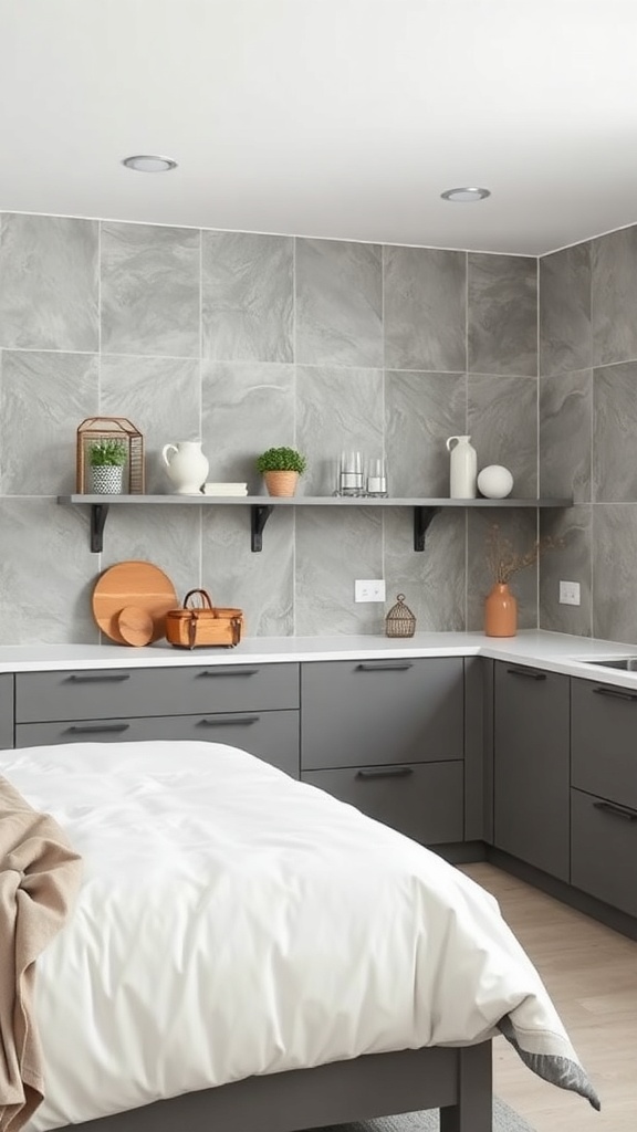 A modern kitchen featuring grey textured tiles on the walls, dark cabinetry, and stylish decor.