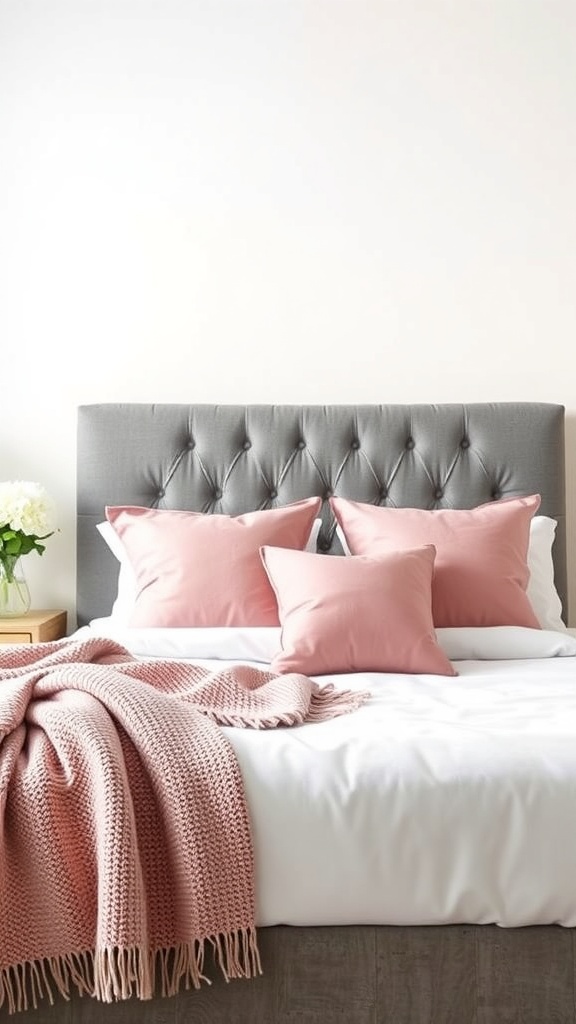 A stylish grey upholstered headboard with pink pillows and a throw blanket in a cozy bedroom setting.