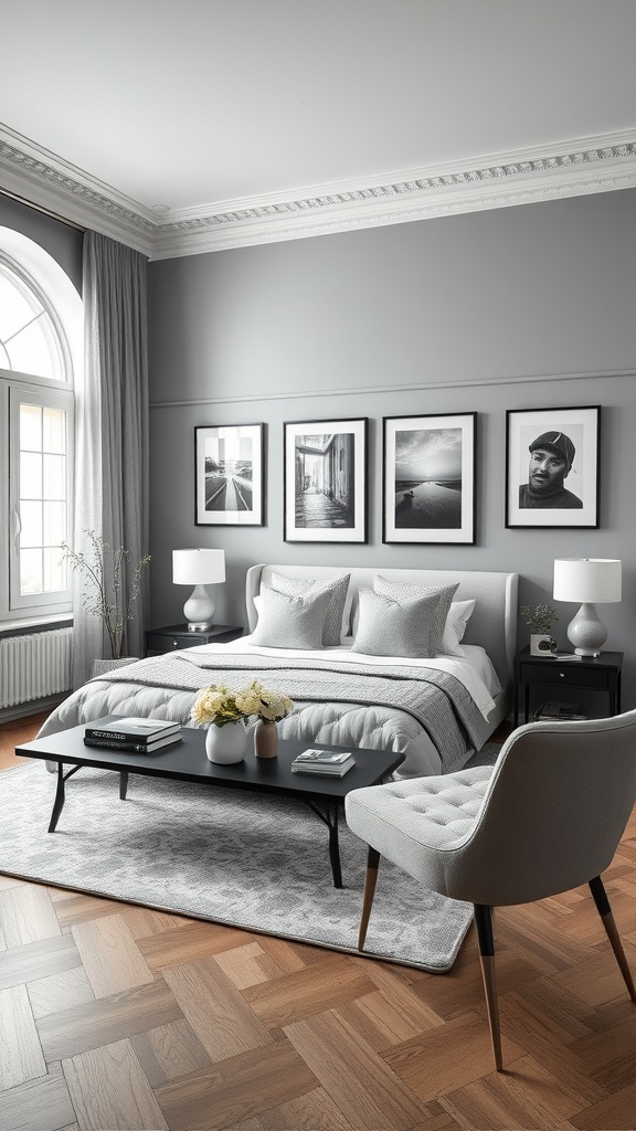 A stylish grey living room featuring black and white photography, elegant furniture, and a cozy atmosphere.