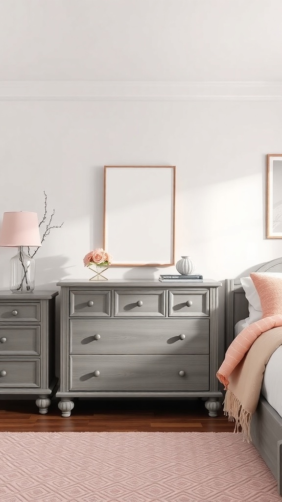 A grey wood dresser and nightstand in a pink and grey bedroom