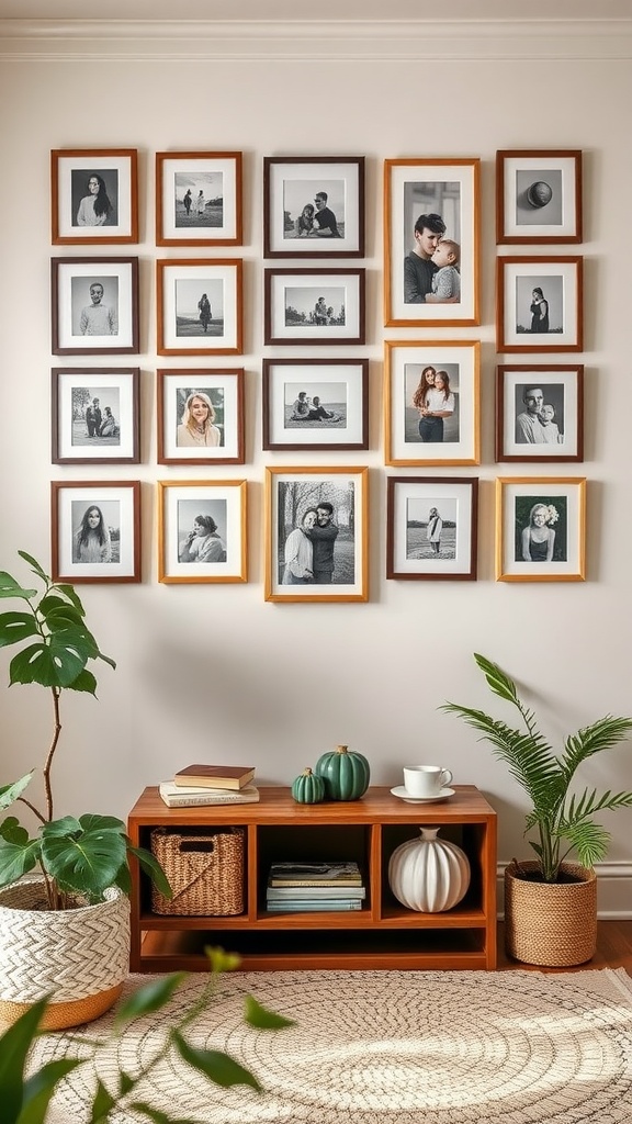 A cozy living room corner featuring a grid layout of family photos in wooden frames, with plants and a wooden shelf.