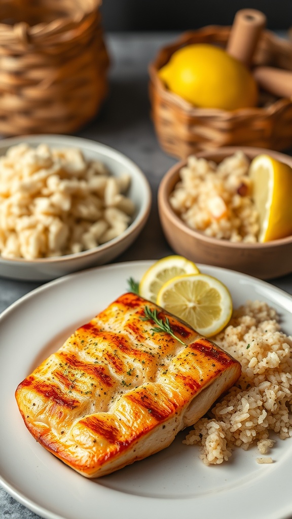 A plate with grilled salmon, rice pilaf, and lemon slices, presented with baskets in the background.