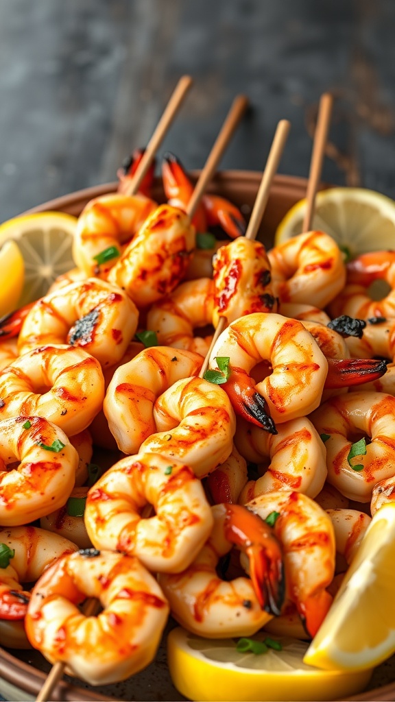 Delicious grilled shrimp skewers with garlic and lemon slices