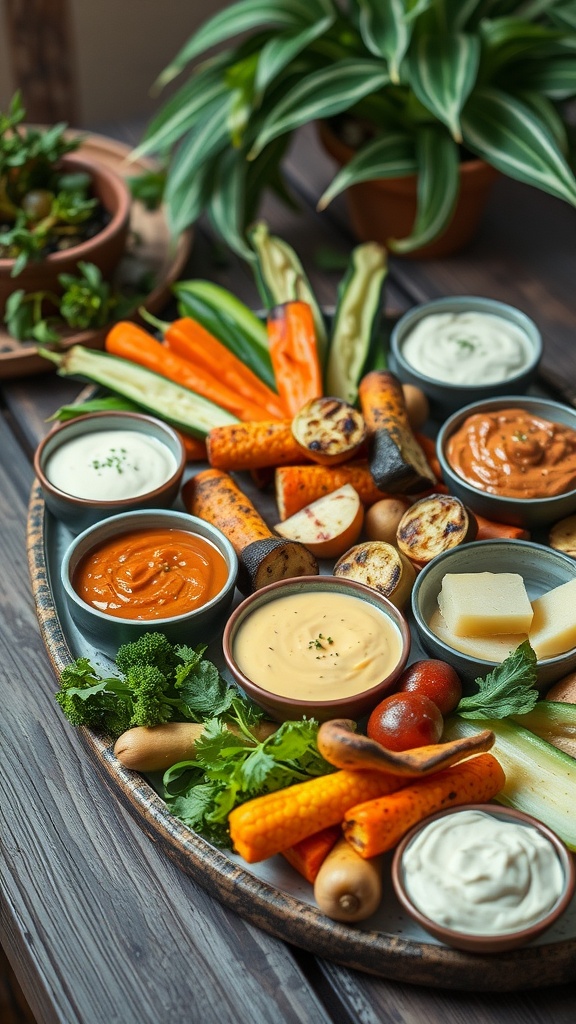 A colorful grilled vegetable platter with various dips, including ranch and hummus, arranged on a wooden board.
