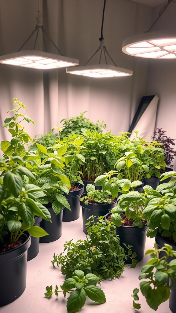Indoor herb garden with grow lights illuminating various potted herbs