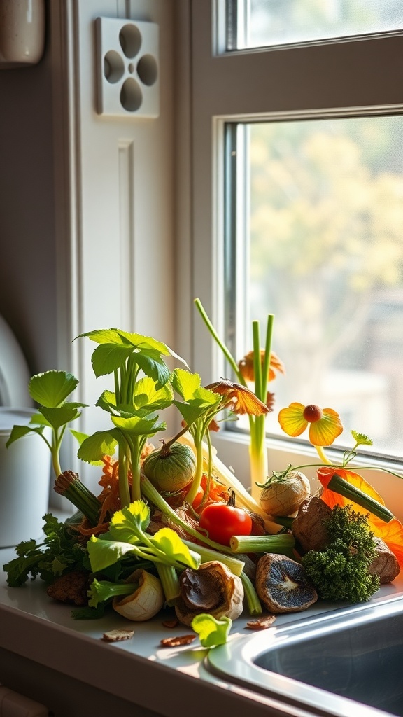 A collection of vegetable scraps like celery and green onions arranged by a window, ideal for regrowing.