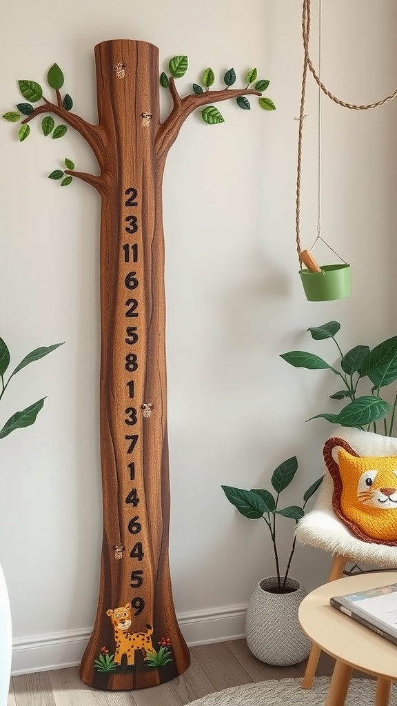 Wooden growth chart designed like a tree with numbers and animal graphics