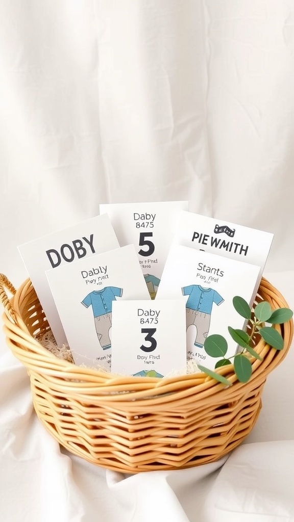 A woven basket containing growth milestone cards for babies, displayed with some greenery.