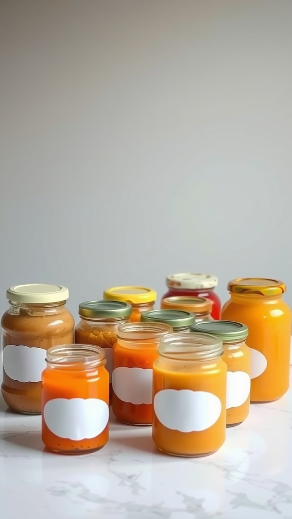 An assortment of baby food jars with blank labels, ready for a guessing game.