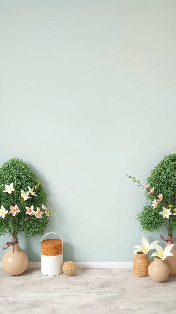 Decorative backdrop with potted plants and flowers, suitable for a baby shower setting.