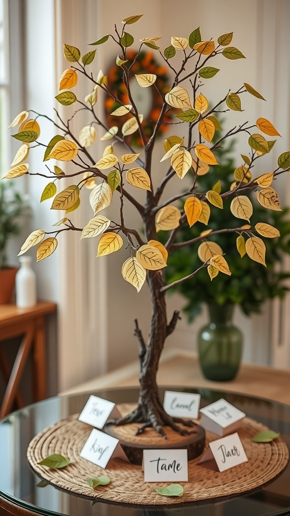 A decorative guest book tree with colorful leaves and name tags on a table.