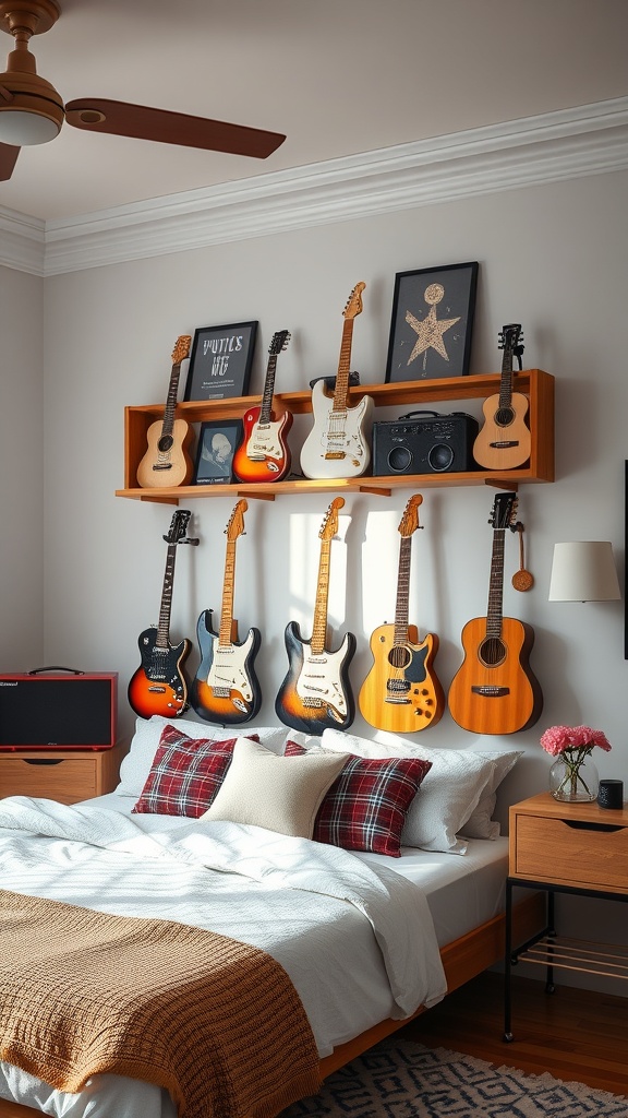A stylish bedroom featuring a guitar shelf display with various guitars, framed art, and cozy bedding.