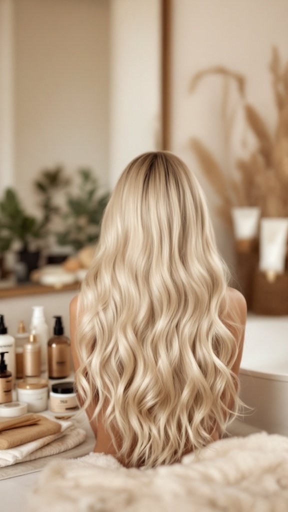 A person with long ash blonde balayage hair, surrounded by hair care products.