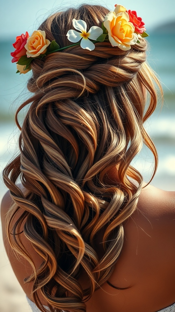 Woman with half-up beach waves hairstyle adorned with flowers.