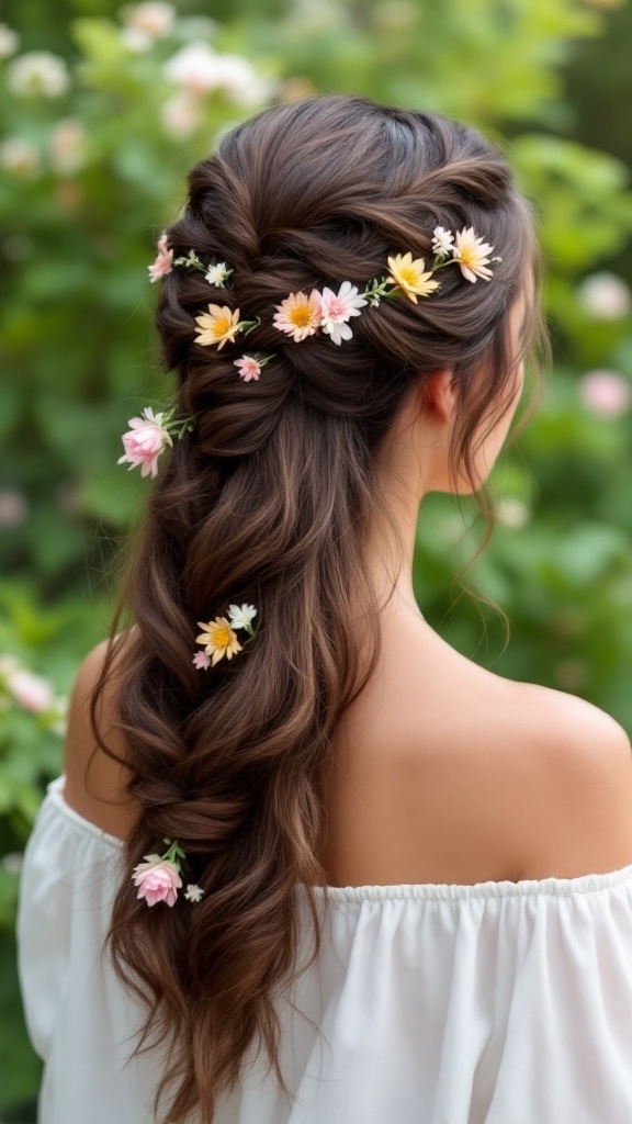 A woman with a half-up braid decorated with small flowers, set against a lush green background.