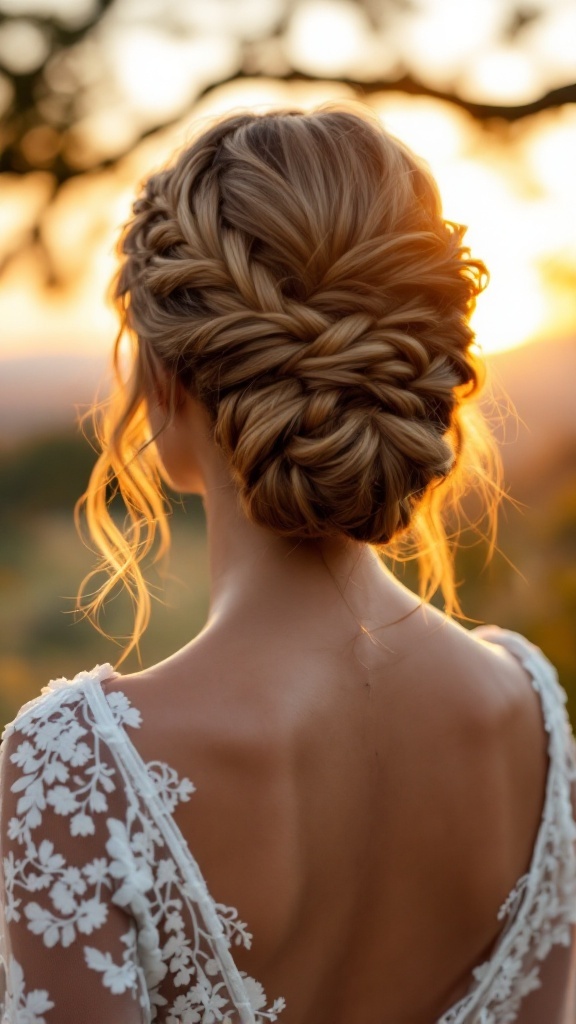 A beautiful half-up braided bun hairstyle, showcasing intricately styled braids and loose curls, perfect for a bridesmaid.