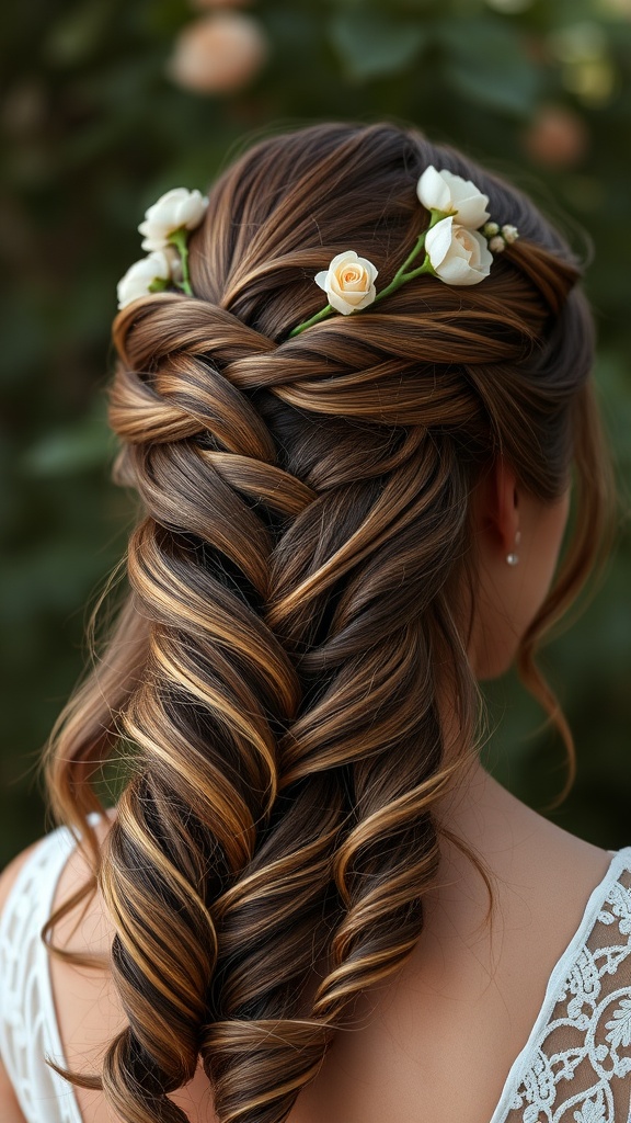 A woman with a half-up braided crown hairstyle adorned with white and cream roses.