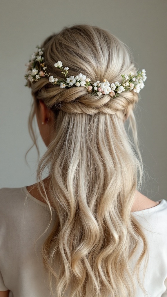 A half-up braided crown hairstyle with flowers, showcasing long wavy hair.