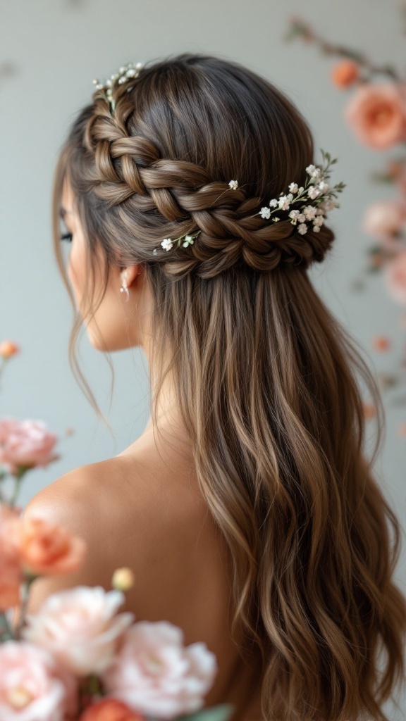 Half-up braided crown hairstyle for bridesmaids with straight hair and floral accents
