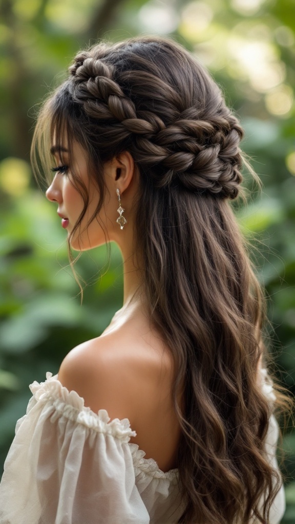 Half-up braided crown hairstyle with soft waves and floral backdrop