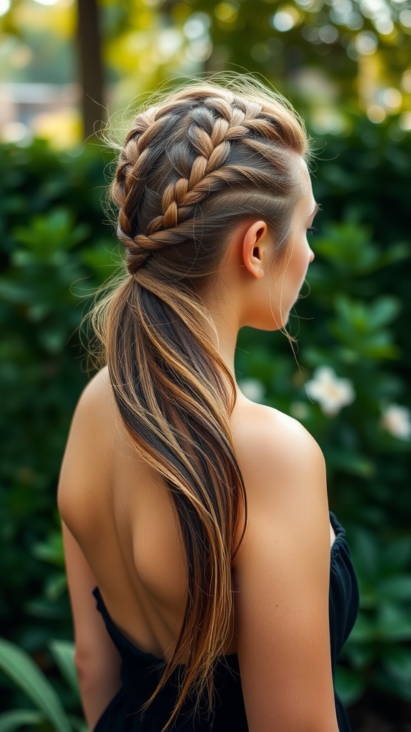 A woman with a half-up braided mohawk hairstyle, showing braids on top and flowing hair at the back.