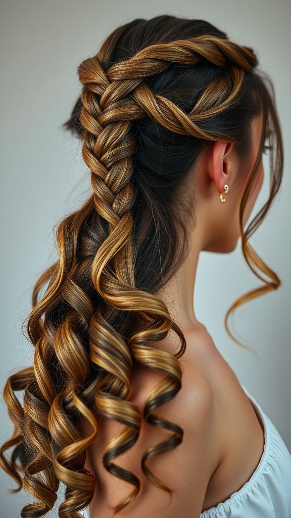 A woman showcasing a half-up braided ponytail hairstyle with soft curls.