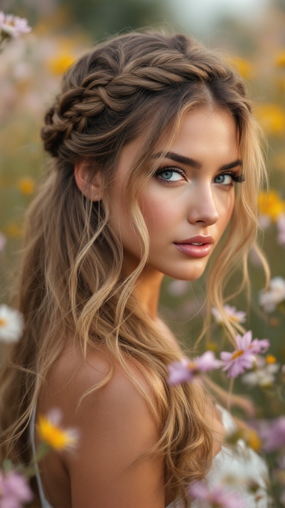 A woman with medium hair styled in a half-up braided hairstyle, surrounded by flowers.