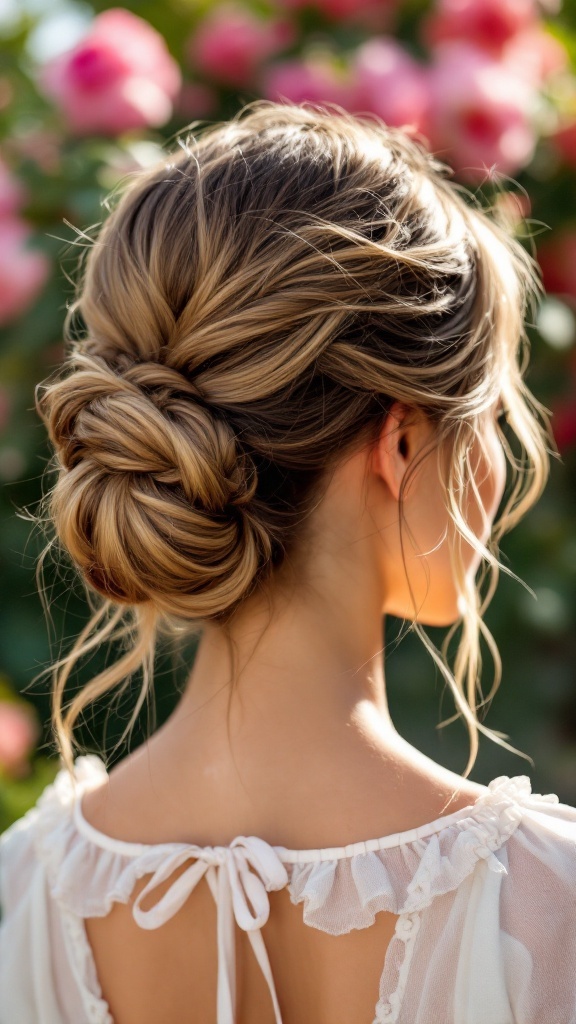 A beautiful half-up bun hairstyle with loose strands, set against a background of roses.