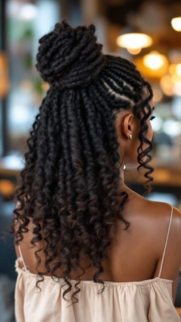Half-up crochet hairstyle featuring twisted braids on top and loose curls below.
