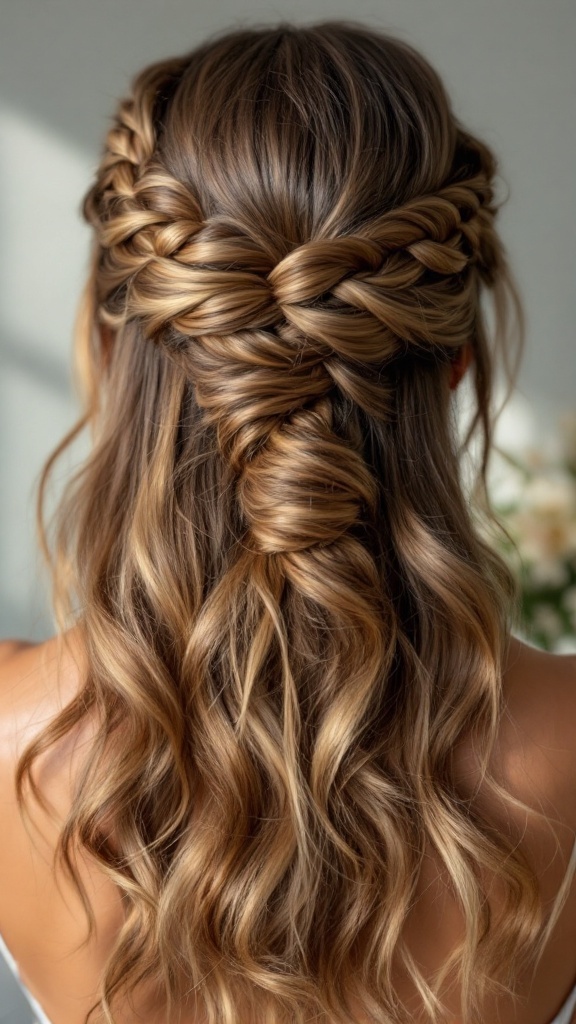 Half-up crown braid hairstyle with flowing waves