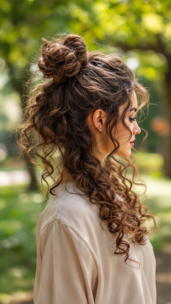 A woman with medium curly hair styled in a half-up curly bun.