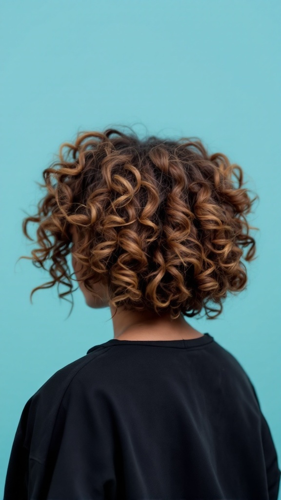 A person with short, curly hair styled in a half-up hairstyle against a turquoise background