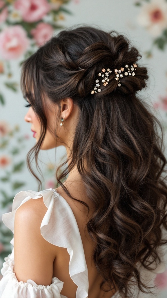 Half-up curly updo hairstyle with floral hair accessories