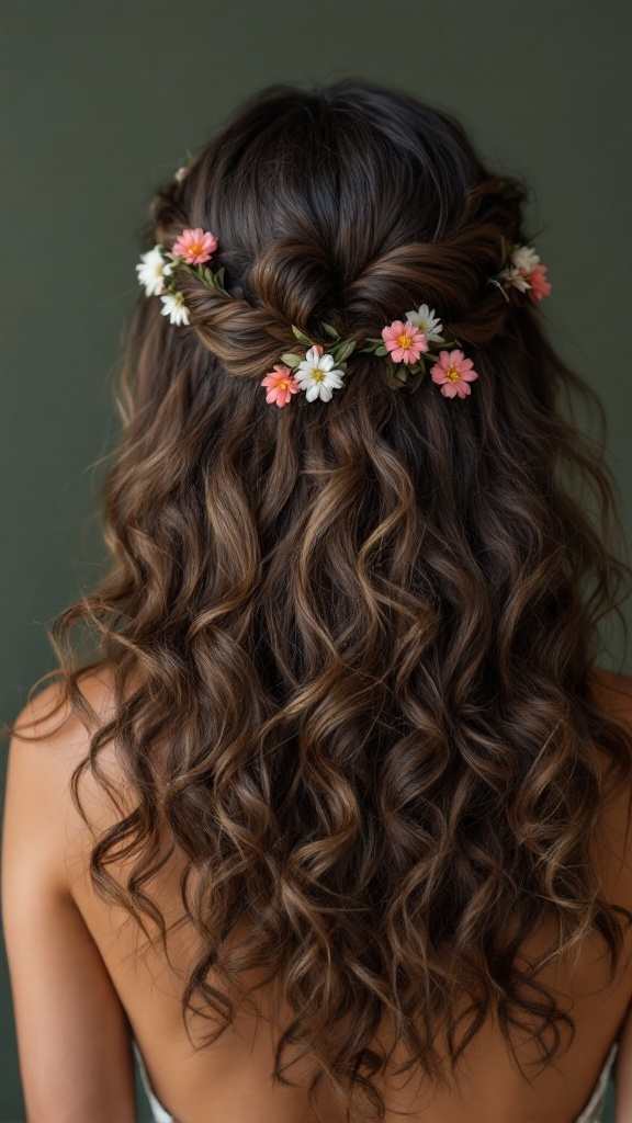 A woman with long curly hair styled in a half-up half-down bohemian hairstyle, adorned with flowers.