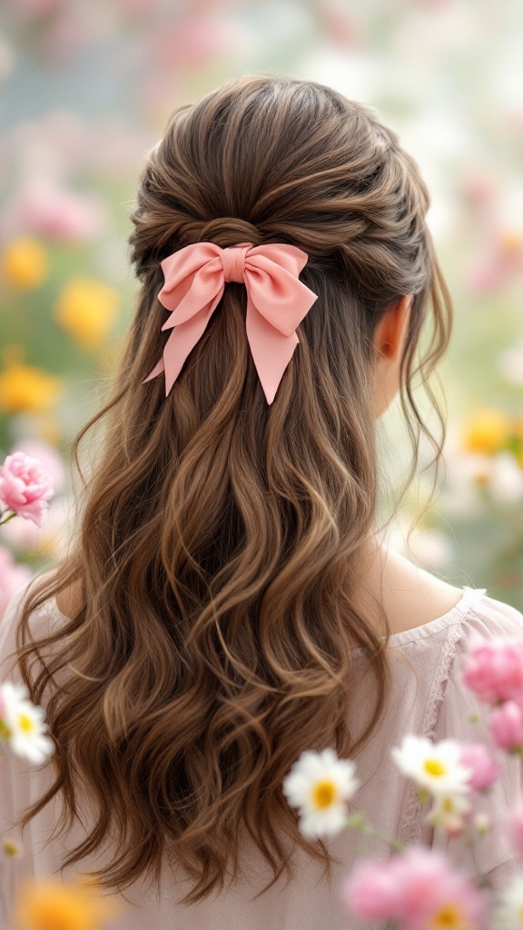 A woman with long, wavy hair styled in a half-up half-down hairstyle adorned with a pink bow.