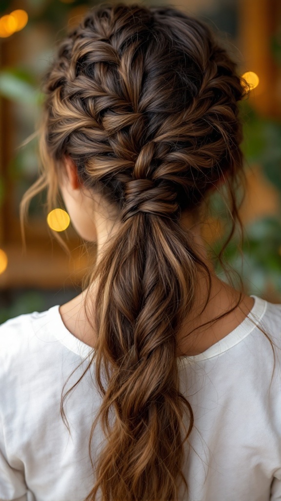 A woman with a half-up half-down braided ponytail hairstyle, showing a neat braid on top and loose waves below.