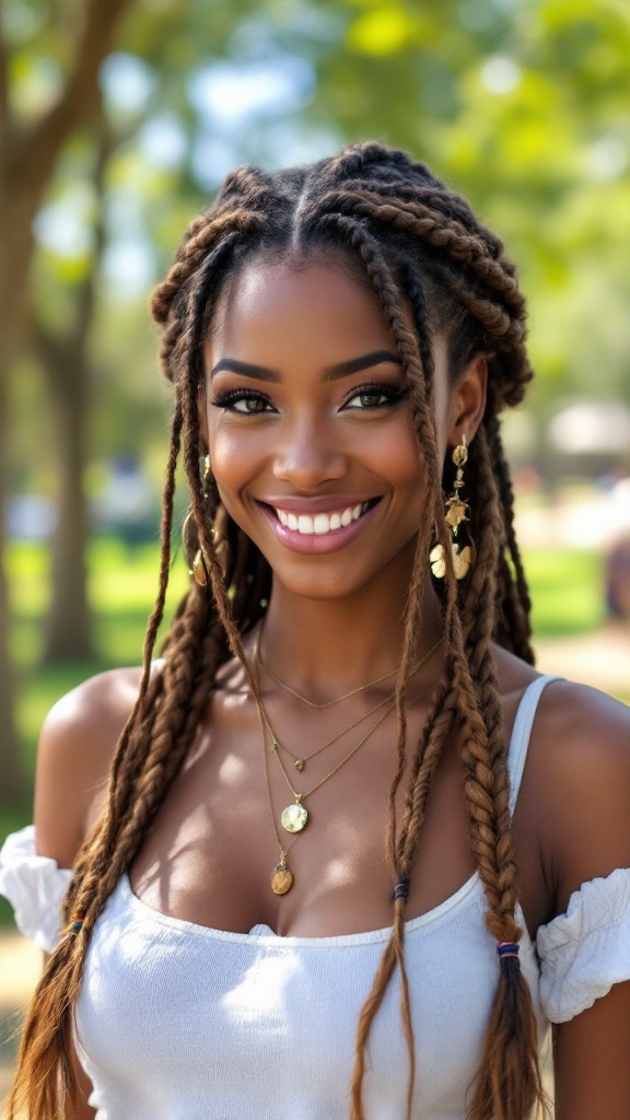 A woman smiling with half-up half-down braids, wearing a casual outfit and jewelry in a park setting.
