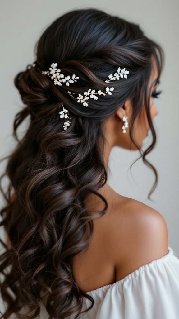 A half-up half-down hairstyle featuring curled black hair adorned with floral clips.
