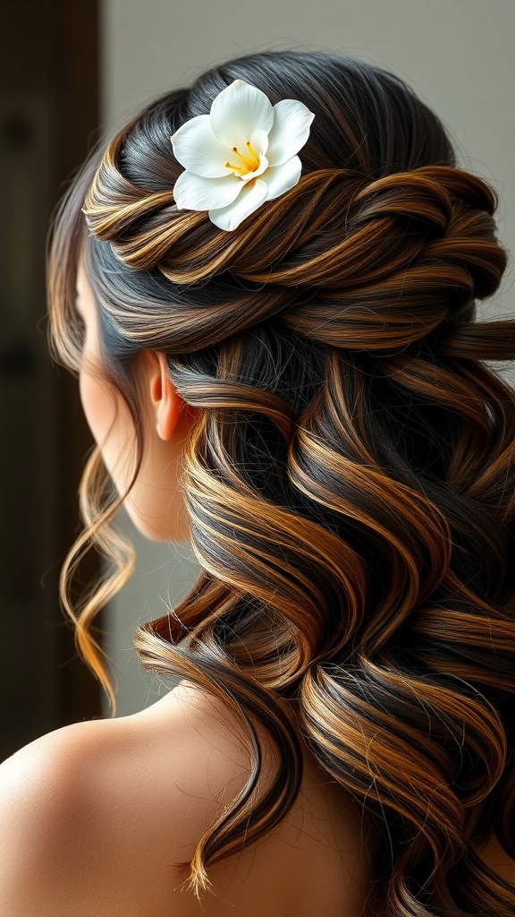 A woman with deep wave hair styled in a half-up half-down look, adorned with a white flower.