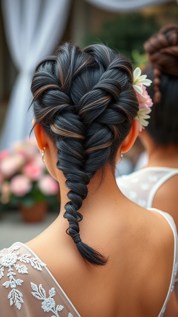 Half-up half-down medium knotless braids with floral accents.