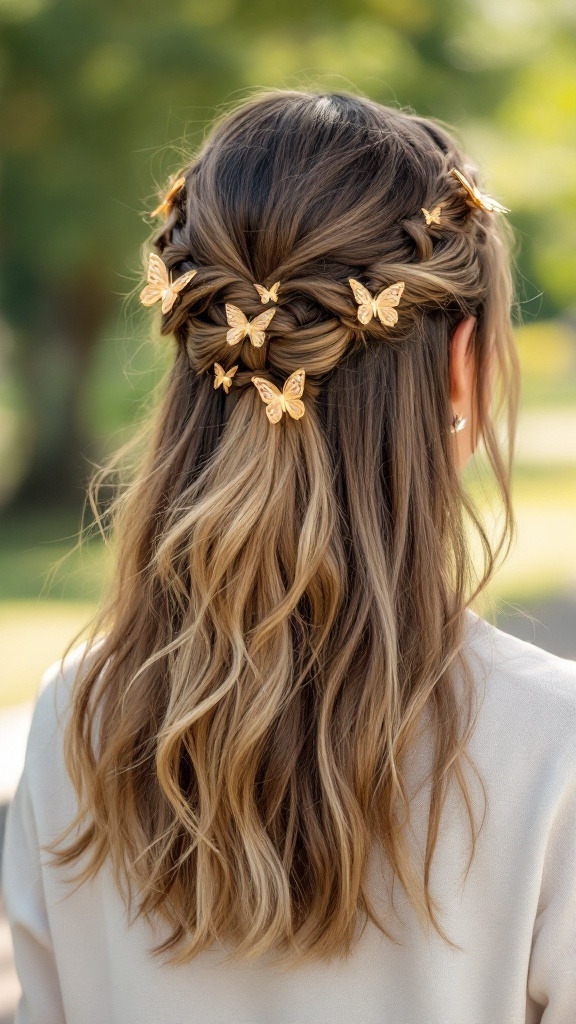 Half-up, half-down hairstyle with butterfly clips in brown hair