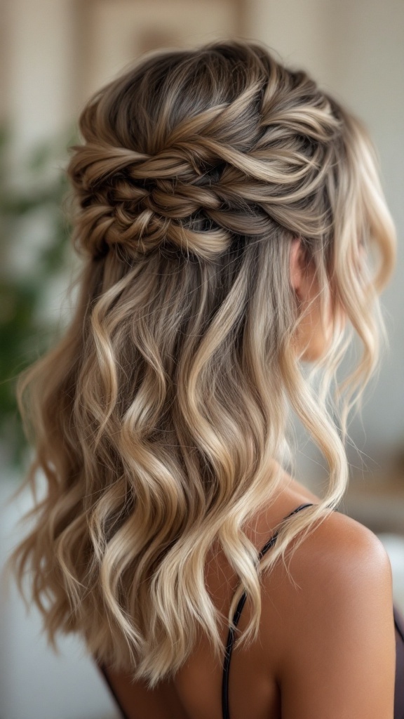 A beautiful half-up, half-down hairstyle with braids and wavy hair, perfect for high neck dresses.