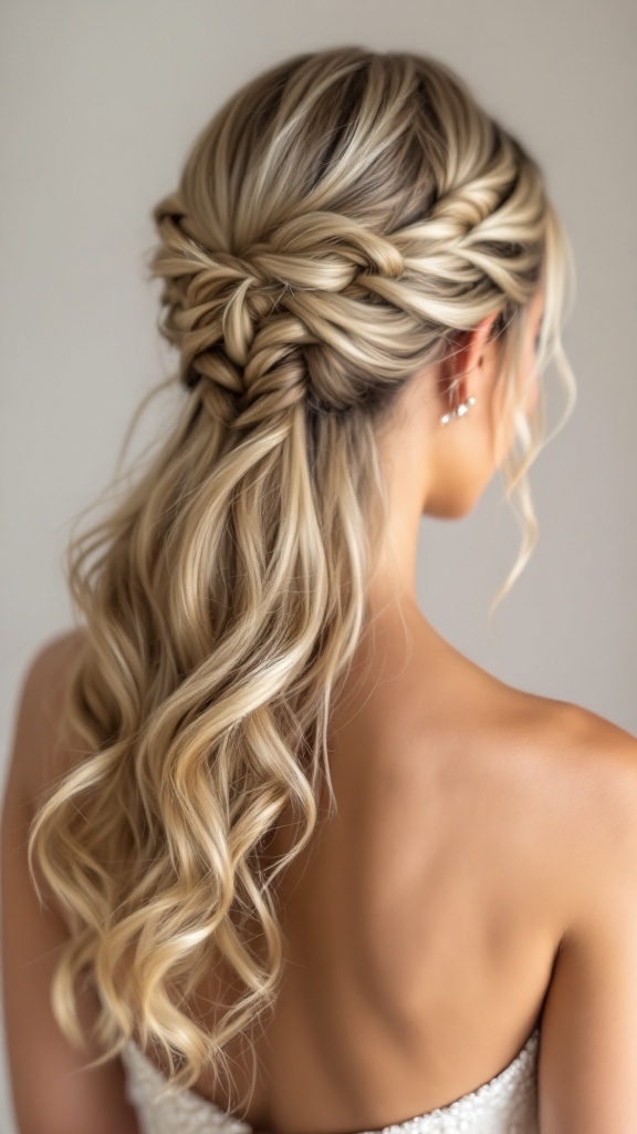 Half-up, half-down hairstyle with braids for bridesmaids