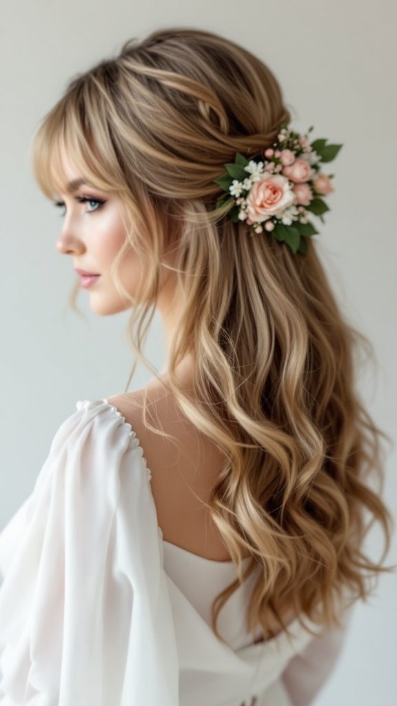 Bride in a half-up half-down hairstyle with curtain bangs and floral accents