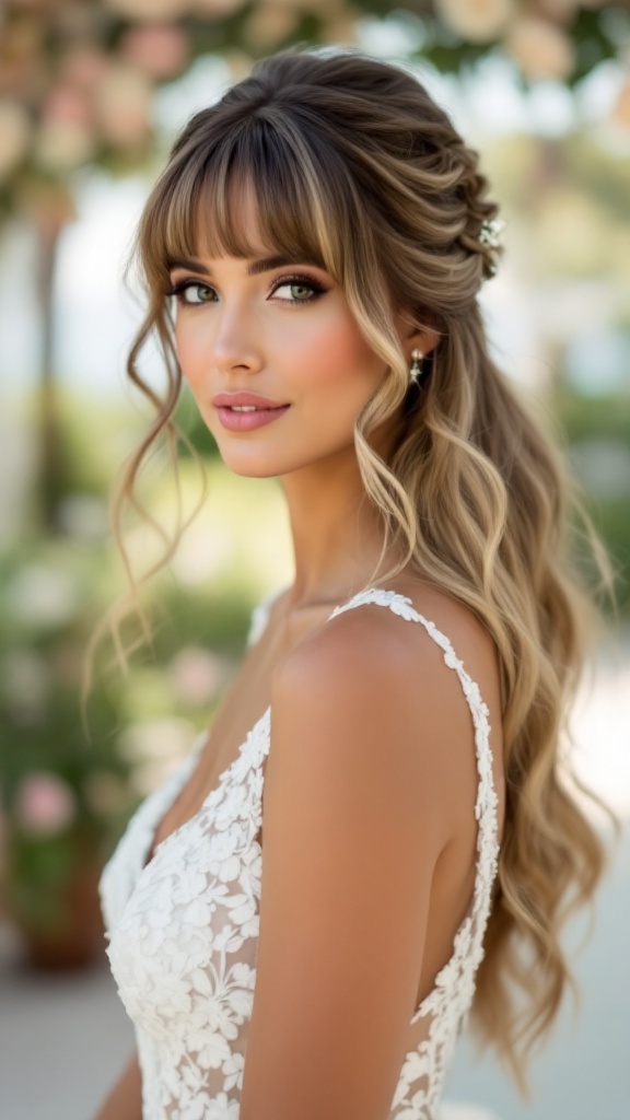 A bride's maid hairstyle featuring half-up half-down style with curtain bangs.