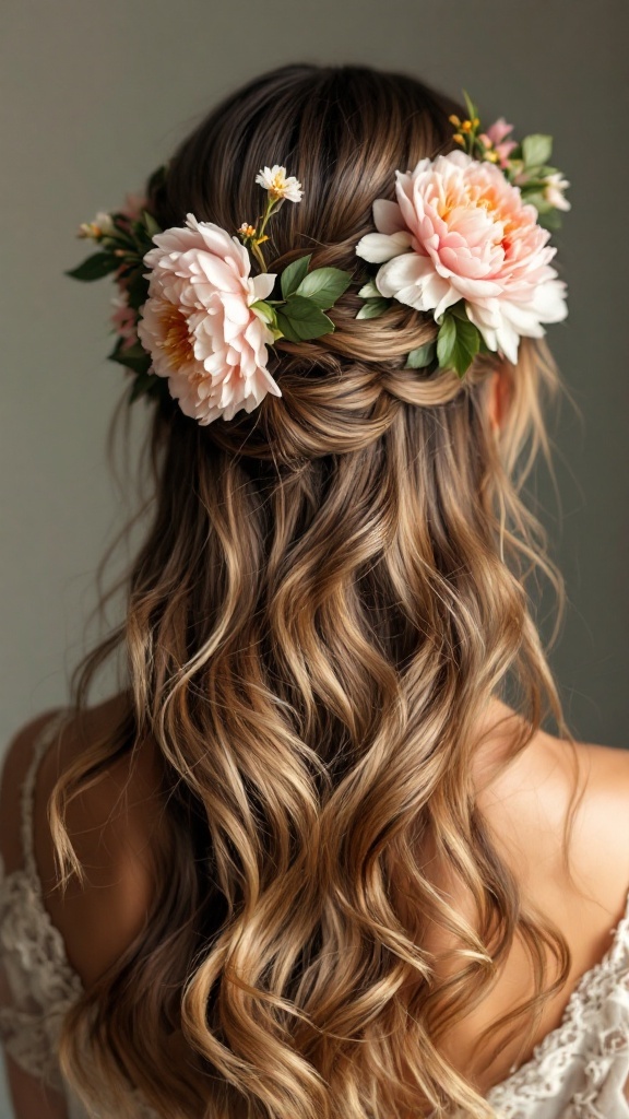 Half-up half-down hairstyle adorned with peonies, featuring long wavy hair.