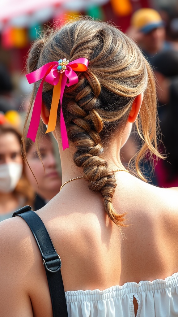 A woman with a braided half-up, half-down hairstyle adorned with pink and orange ribbons at a festival.