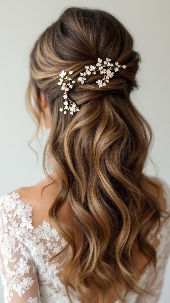 Half-up half-down wedding hairstyle with side part and floral hairpiece